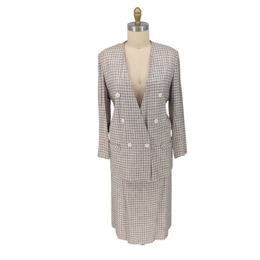 Vintage Chad Stevens Plaid Houndstooth Tweed Blazer Skirt Suit Pink 14 preppy